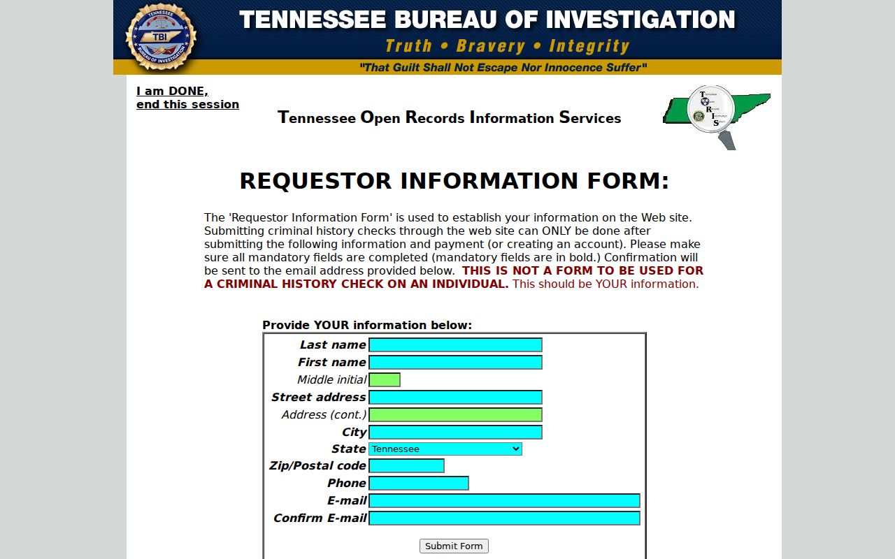 Claiborne County criminal history TORIS requester form