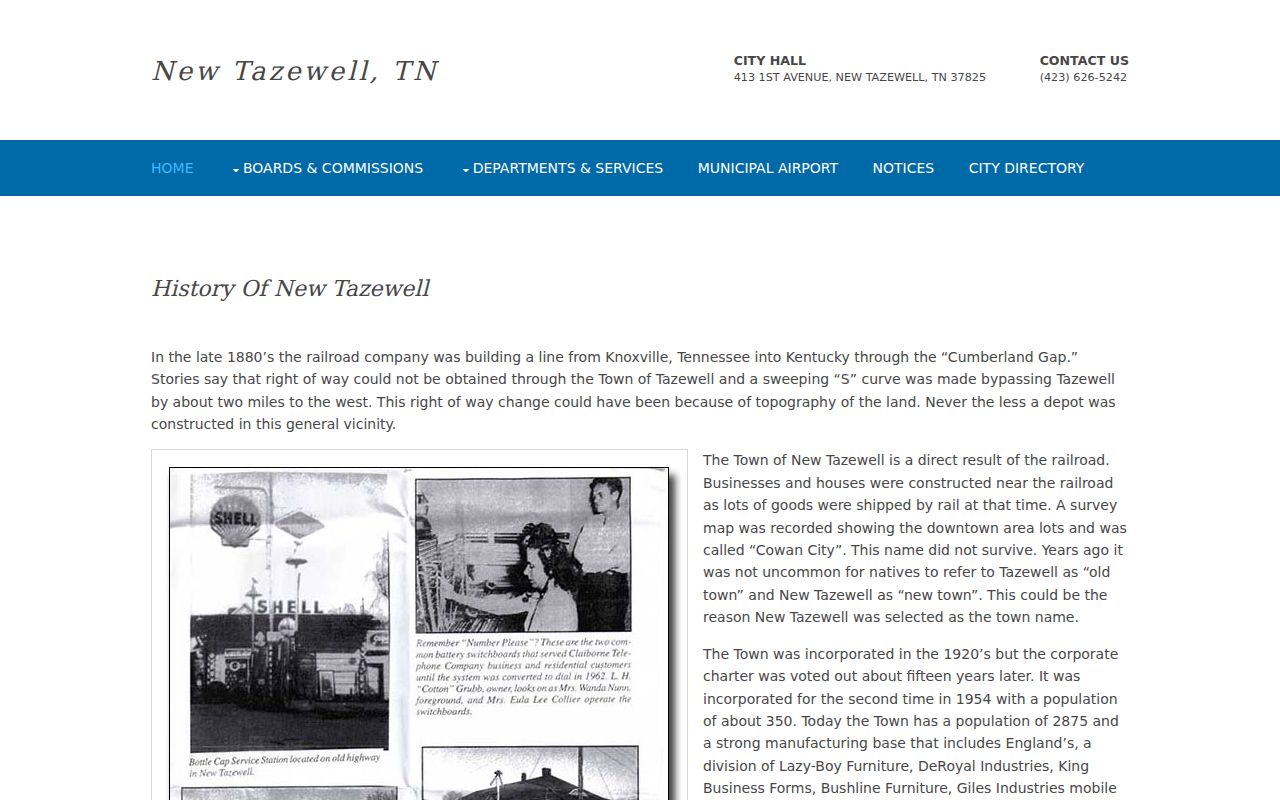 Official New Tazewell history page describing railroad and city development