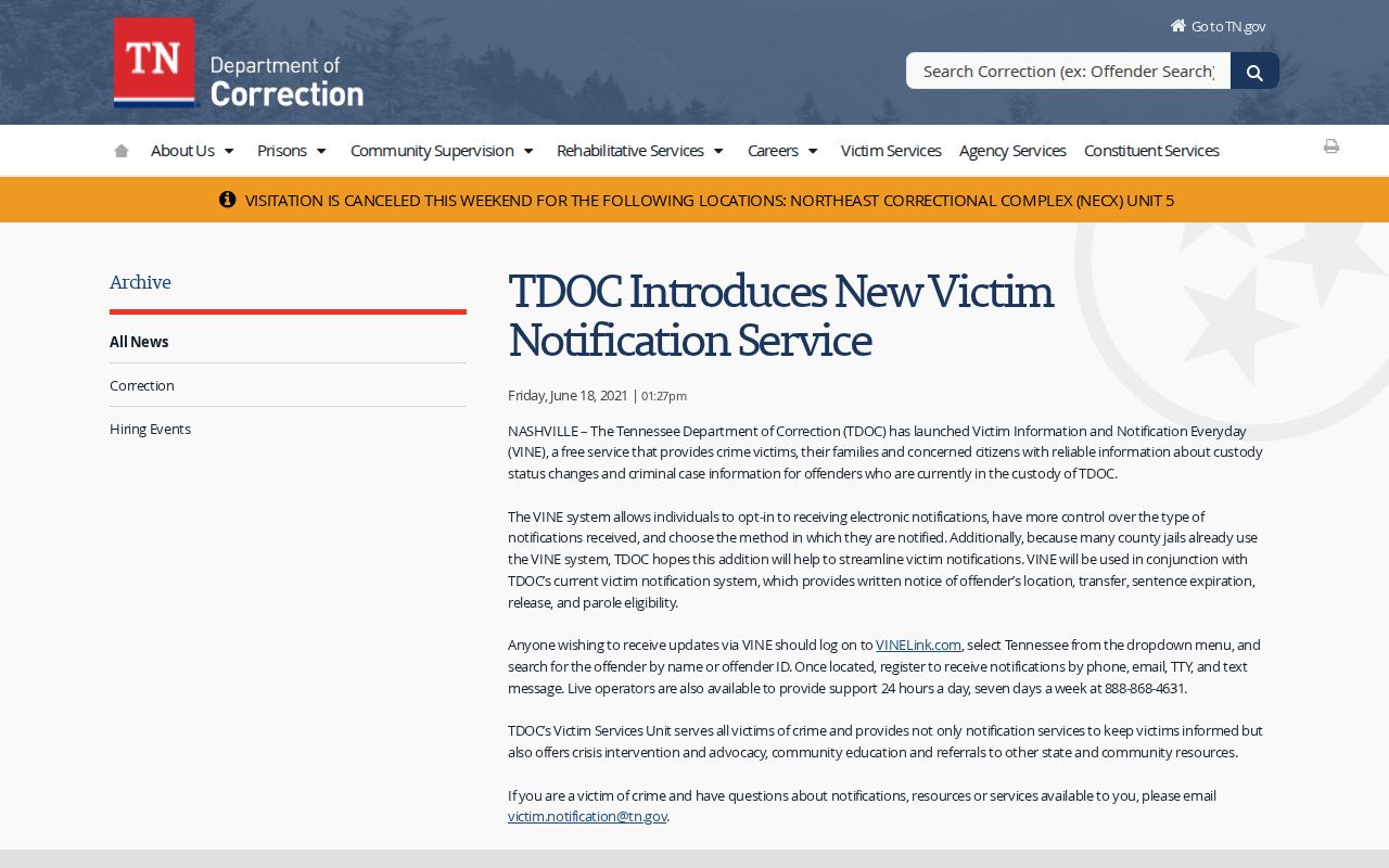 Tennessee Department of Correction victim notification service notice